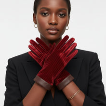 Load image into Gallery viewer, Wine Fur Stripe Leather Touchscreen Winter Gloves
