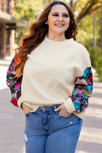 Load image into Gallery viewer, White Floral Patchwork Sleeve Textured Plus Size Pullover Top

