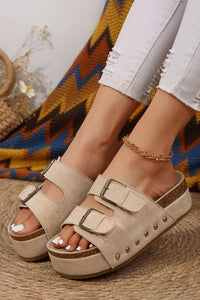 Beige Suede Buckle Decor Footbed Sandal Slippers