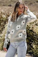 Load image into Gallery viewer, Khaki Floral Pattern Half Zip Drop Shoulder Sweater
