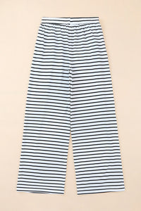 White Drawstring Striped Wide Leg Pants