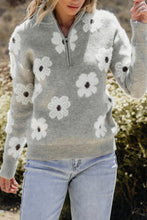 Load image into Gallery viewer, Khaki Floral Pattern Half Zip Drop Shoulder Sweater
