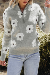 Khaki Floral Pattern Half Zip Drop Shoulder Sweater