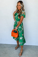 Load image into Gallery viewer, Green Floral Print Bubble Sleeve Smocked Tiered Midi Dress
