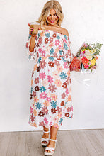 Load image into Gallery viewer, White Plus Size Flower Print Smocked Off Shoulder Dress
