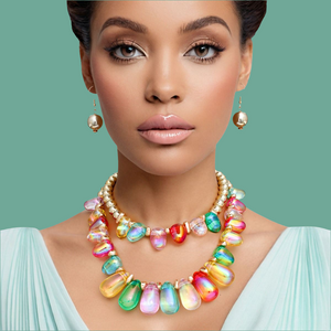 Beaded Multi Iridescent Teardrop Bead Necklace