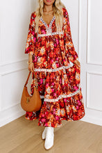 Load image into Gallery viewer, Orange Floral Print Lace Trim Patched V Neck Maxi Dress
