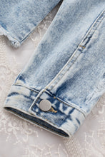 Load image into Gallery viewer, Blue Lapel Distressed Raw Hem Buttons Denim Jacket

