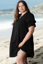 Load image into Gallery viewer, Black Solid Ruffled Puff Sleeve V Neck Plus Size Mini Dress
