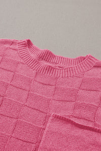 Dusty Pink Lattice Textured Knit Short Sleeve Sweater