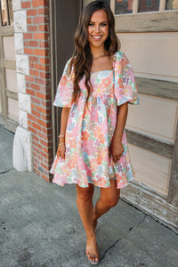 Pink Summer Floral Square Neck Puff Sleeve Babydoll Dress