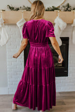 Load image into Gallery viewer, Prussian Blue Velvet Short Sleeve Shirred Waist Tiered Maxi Dress
