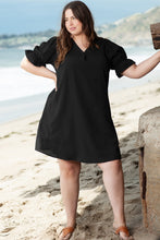 Load image into Gallery viewer, Black Solid Ruffled Puff Sleeve V Neck Plus Size Mini Dress
