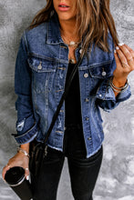 Load image into Gallery viewer, Blue Lapel Distressed Raw Hem Buttons Denim Jacket

