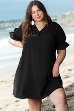 Load image into Gallery viewer, Black Solid Ruffled Puff Sleeve V Neck Plus Size Mini Dress
