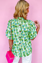 Load image into Gallery viewer, Green Abstract Print Button Back Ruffled High Neck Blouse
