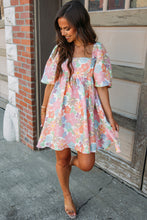 Load image into Gallery viewer, Pink Summer Floral Square Neck Puff Sleeve Babydoll Dress
