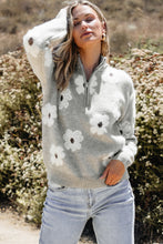 Load image into Gallery viewer, Khaki Floral Pattern Half Zip Drop Shoulder Sweater
