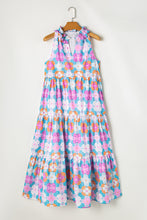 Load image into Gallery viewer, Blue Floral Print Frilly Neck Sleeveless Tiered Maxi Dress
