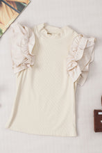 Load image into Gallery viewer, Beige Ruffle Flutter Sleeve High Neck Ribbed Blouse
