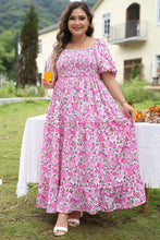 Load image into Gallery viewer, Pink Plus Size Floral Print Smocked Puff Sleeve Dress
