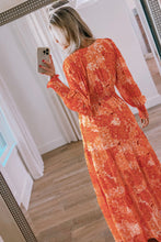 Load image into Gallery viewer, Orange Boho Floral Bishop Sleeve V Neck Tiered Maxi Dress
