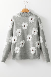 Khaki Floral Pattern Half Zip Drop Shoulder Sweater