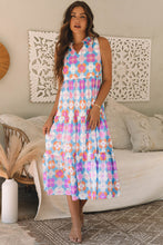 Load image into Gallery viewer, Blue Floral Print Frilly Neck Sleeveless Tiered Maxi Dress
