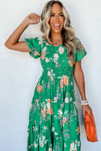 Load image into Gallery viewer, Green Floral Print Bubble Sleeve Smocked Tiered Midi Dress
