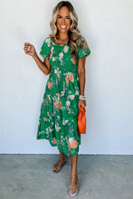 Load image into Gallery viewer, Green Floral Print Bubble Sleeve Smocked Tiered Midi Dress
