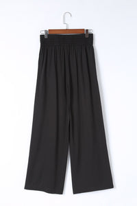 Brown Drawstring Elastic Waist Casual Wide Leg Pants