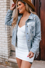 Load image into Gallery viewer, Sky Blue Sequin Embellished Fringe Distressed Denim Jacket
