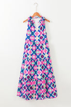 Load image into Gallery viewer, Blue Floral Print Frilly Neck Sleeveless Tiered Maxi Dress
