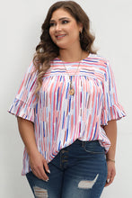 Load image into Gallery viewer, White Stripe Ruffled Short Sleeve Plus Size Blouse
