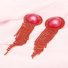 Load image into Gallery viewer, Clip On Red Pearl Dome Stone Fringe Earrings
