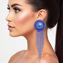 Load image into Gallery viewer, Clip On Royal Blue Pearl Dome Stone Fringe Earring
