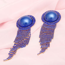 Load image into Gallery viewer, Clip On Royal Blue Pearl Dome Stone Fringe Earring
