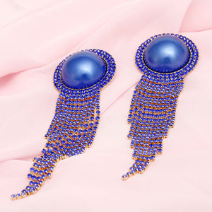 Clip On Royal Blue Pearl Dome Stone Fringe Earring