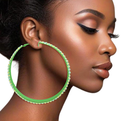 Hoops Lime Green Metal Bling 3 inch Earrings Women