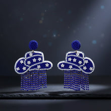 Load image into Gallery viewer, Fringe Blue White Bead Bling Cowboy Hat Earrings
