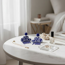 Load image into Gallery viewer, Fringe Blue White Bead Bling Cowboy Hat Earrings
