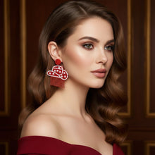 Load image into Gallery viewer, Fringe Red White Bead Bling Cowboy Hat Earrings
