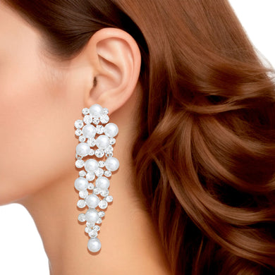 Clip On Silver Pearl Cluster Long Earrings Women