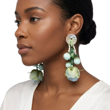 Load image into Gallery viewer, Oversized Green Faux Flower Tropical Earrings
