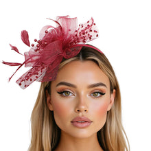 Load image into Gallery viewer, Burgundy Flower Feather Polka Dot Fascinator
