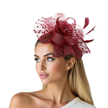 Load image into Gallery viewer, Burgundy Flower Feather Polka Dot Fascinator
