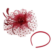Load image into Gallery viewer, Burgundy Flower Feather Polka Dot Fascinator

