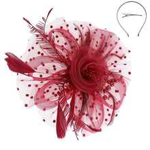 Load image into Gallery viewer, Burgundy Flower Feather Polka Dot Fascinator
