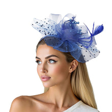 Load image into Gallery viewer, Royal Blue Flower Feather Polka Dot Fascinator
