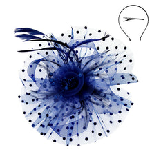 Load image into Gallery viewer, Royal Blue Flower Feather Polka Dot Fascinator
